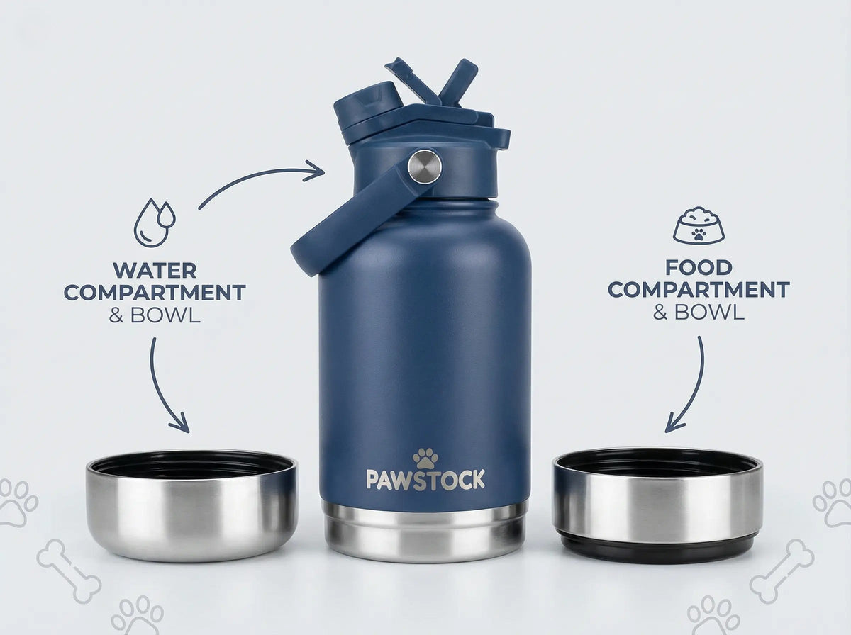 Pawstock 3-in-1 Insulated Dog Water Bottle with Dual Bowls - 1L Stainless Steel Travel Bottle - Navy V1242-PAW1361N