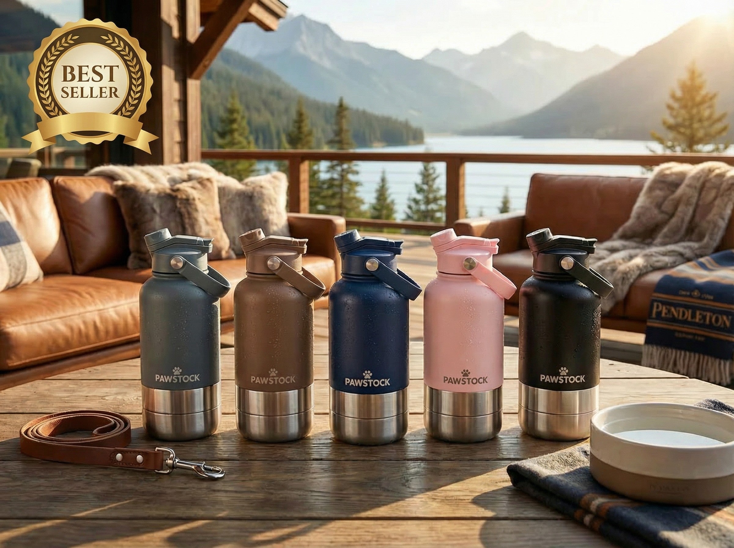 Pawstock 3-in-1 Insulated Dog Water Bottle with Dual Bowls - 1L Stainless Steel Travel Bottle - Gray V1242-PAWS1361G