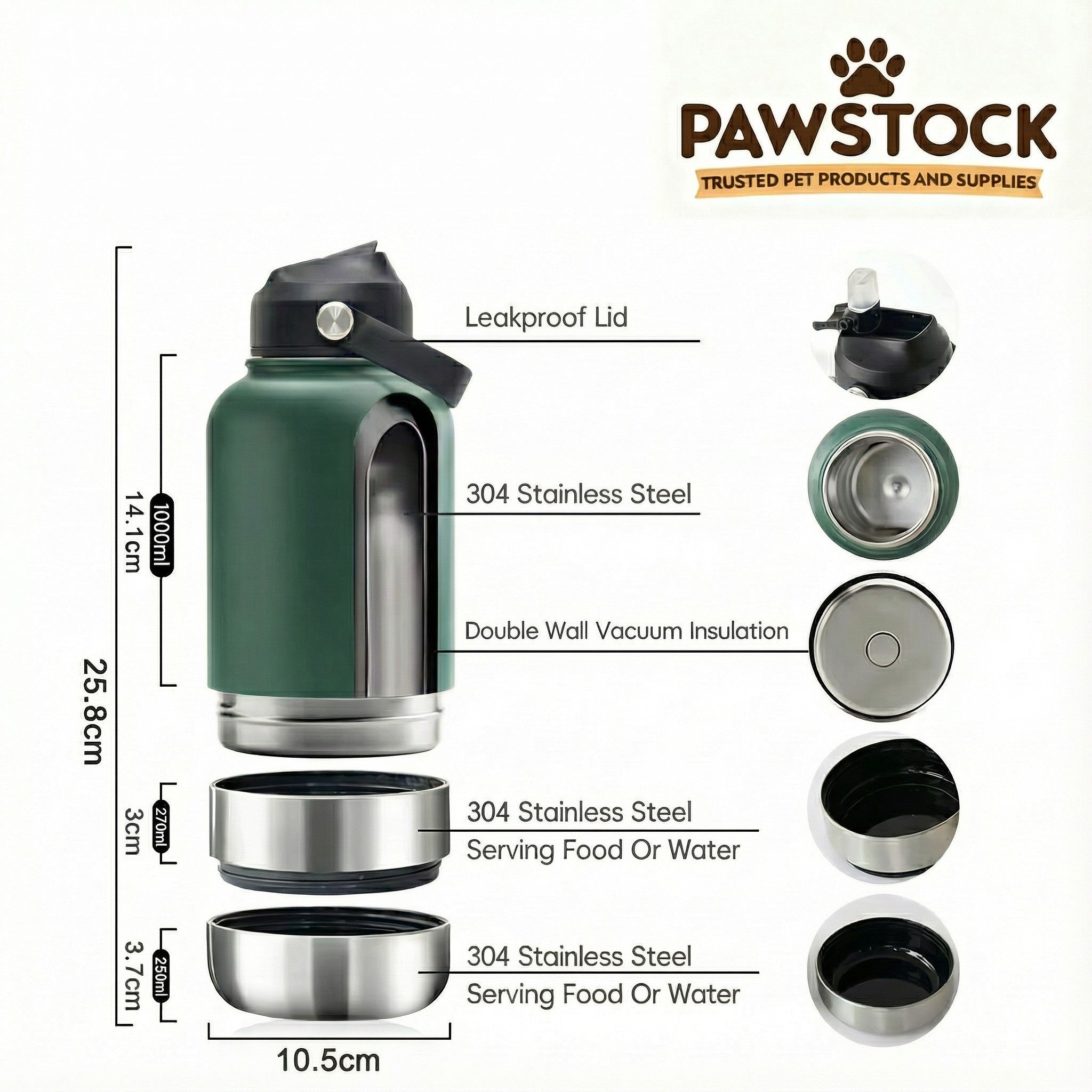 Pawstock 3-in-1 Insulated Dog Water Bottle with Dual Bowls - 1L Stainless Steel Travel Bottle - Gray V1242-PAWS1361G