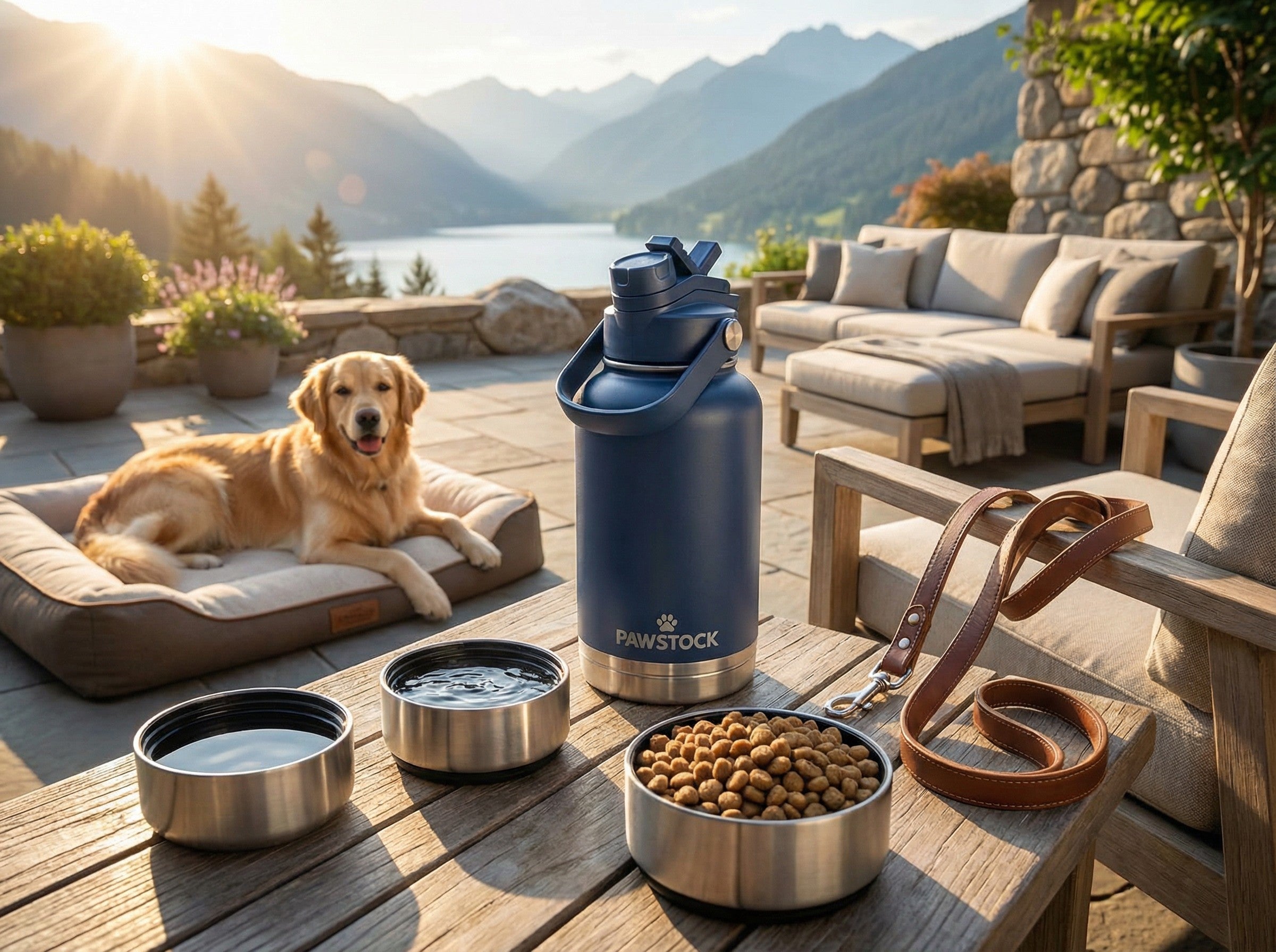 Pawstock 3-in-1 Insulated Dog Water Bottle with Dual Bowls - 1L Stainless Steel Travel Bottle - Gray V1242-PAWS1361G