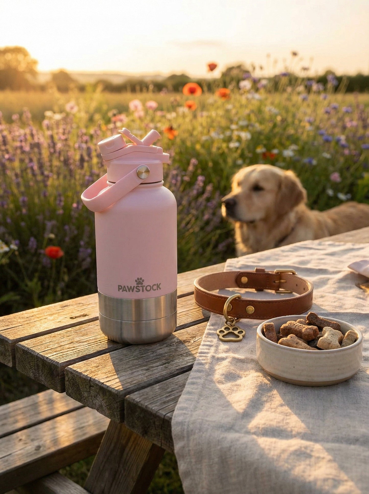 Pawstock 3-in-1 Insulated Dog Water Bottle with Dual Bowls - 1L Stainless Steel Travel Bottle - Gray V1242-PAWS1361G