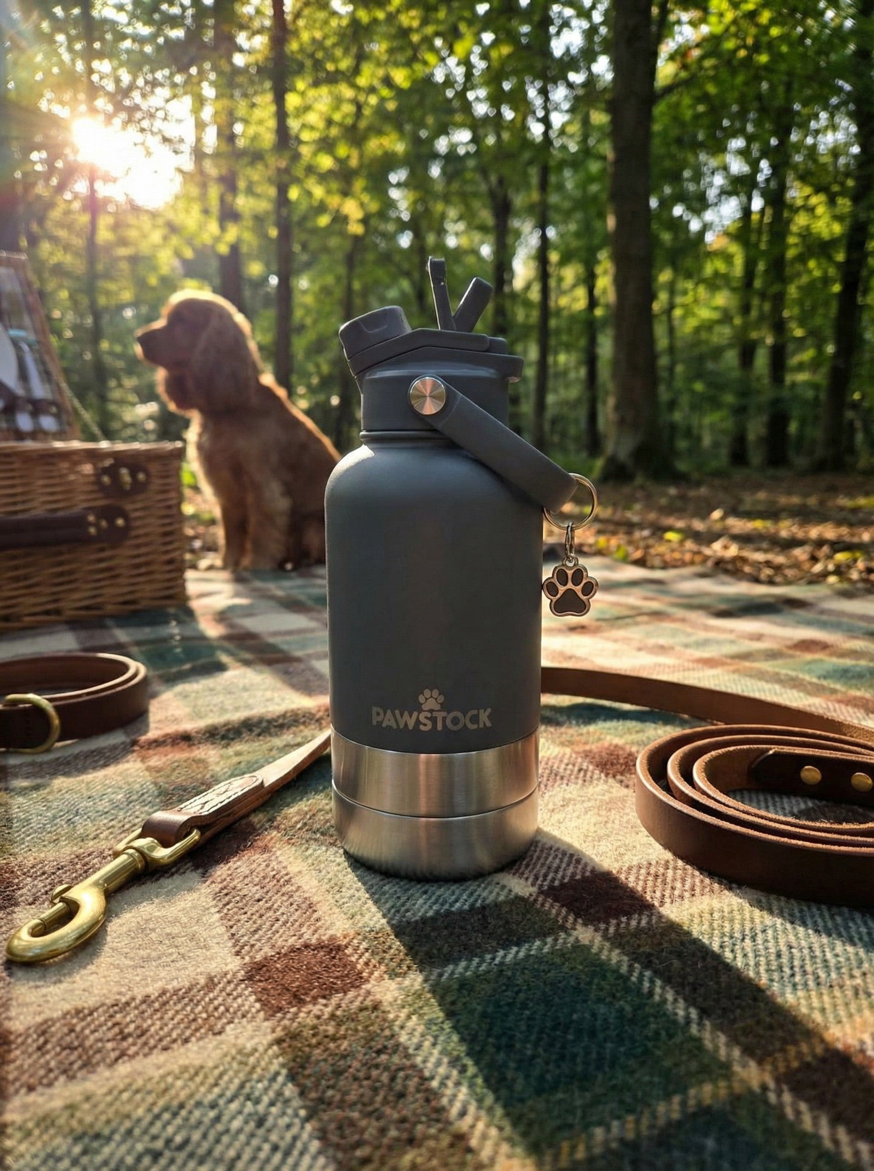 Pawstock 3-in-1 Insulated Dog Water Bottle with Dual Bowls - 1L Stainless Steel Travel Bottle - Gray V1242-PAWS1361G