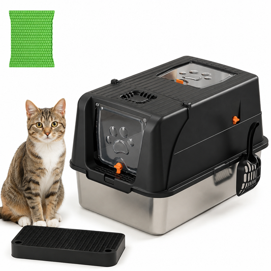Black Large Stainless Steel Cat Litter Box, Foldable Covered Cat Litter Tray with Square Top & Square Door, V1243-MSPT144-BLACK-L-DD