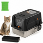 Black Large Stainless Steel Cat Litter Box, Foldable Covered Cat Litter Tray with Square Top & Square Door, V1243-MSPT144-BLACK-L-DD
