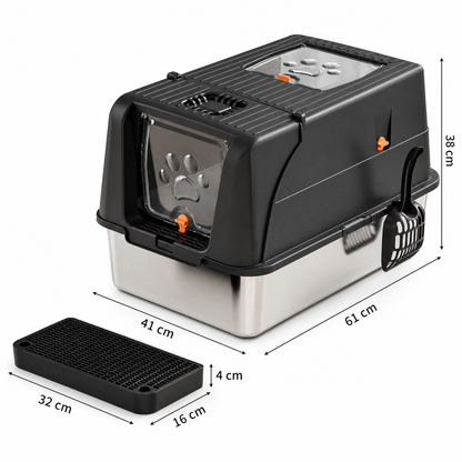 Black Large Stainless Steel Cat Litter Box, Foldable Covered Cat Litter Tray with Square Top & Square Door, V1243-MSPT144-BLACK-L-DD