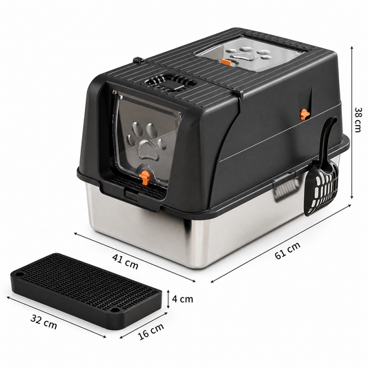 Black Large Stainless Steel Cat Litter Box, Foldable Covered Cat Litter Tray with Square Top & Square Door, V1243-MSPT144-BLACK-L-DD