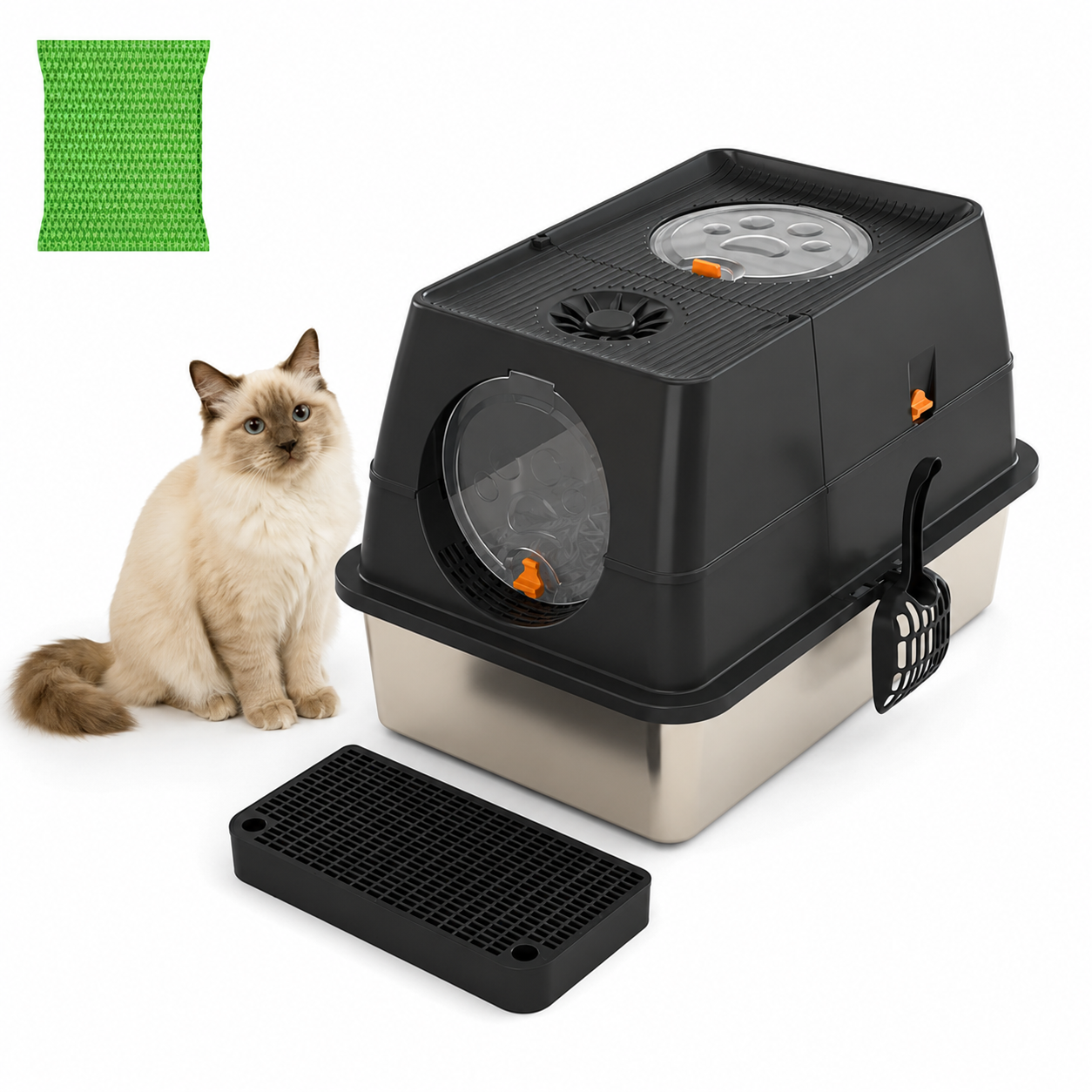 Black Extra Large Stainless Steel Cat Litter Box, Foldable Covered Cat Litter Tray with Round Top & Round V1243-MSPT144-BLACK-L-OO
