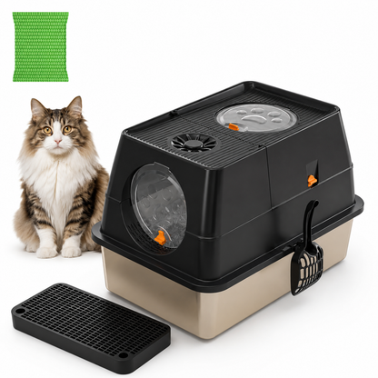 Black Large Stainless Steel Cat Litter Box, Foldable Covered Cat Litter Tray with Round Top & Round Door, V1243-MSPT144-BLACK-M-OO