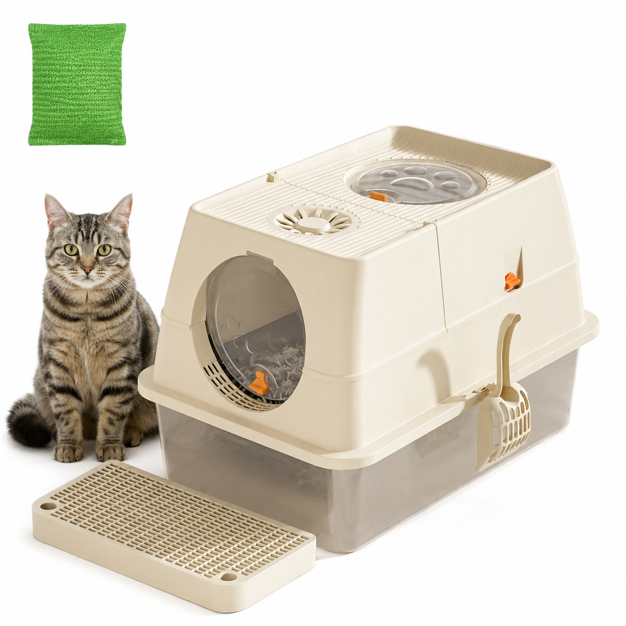 Cream White Extra Large Stainless Steel Cat Litter Box, Foldable Covered Cat Litter Tray with Round Top & V1243-MSPT144-CREAMWHITE-L-OO