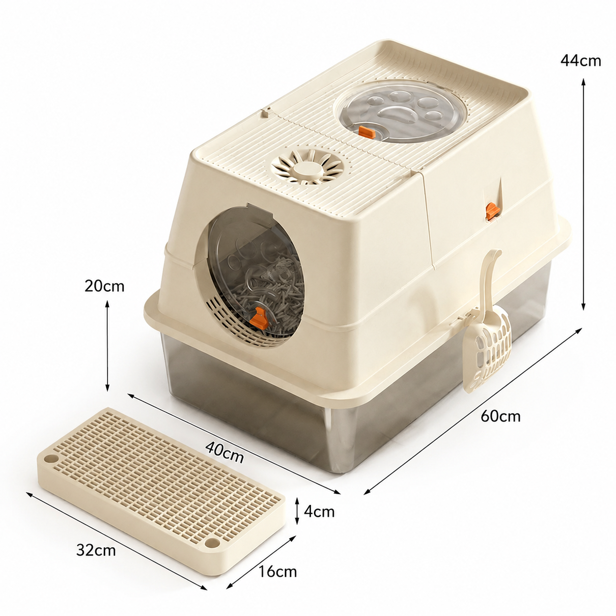 Cream White Extra Large Stainless Steel Cat Litter Box, Foldable Covered Cat Litter Tray with Round Top & V1243-MSPT144-CREAMWHITE-L-OO