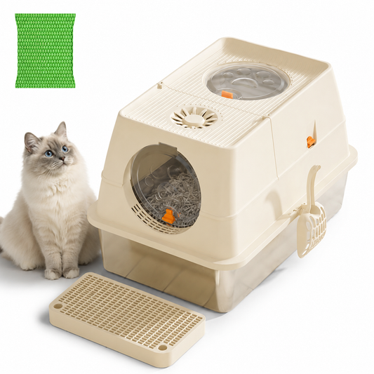 Cream White Large Stainless Steel Cat Litter Box, Foldable Covered Cat Litter Tray with Round Top & Round V1243-MSPT144-CREAMWHITE-M-OO
