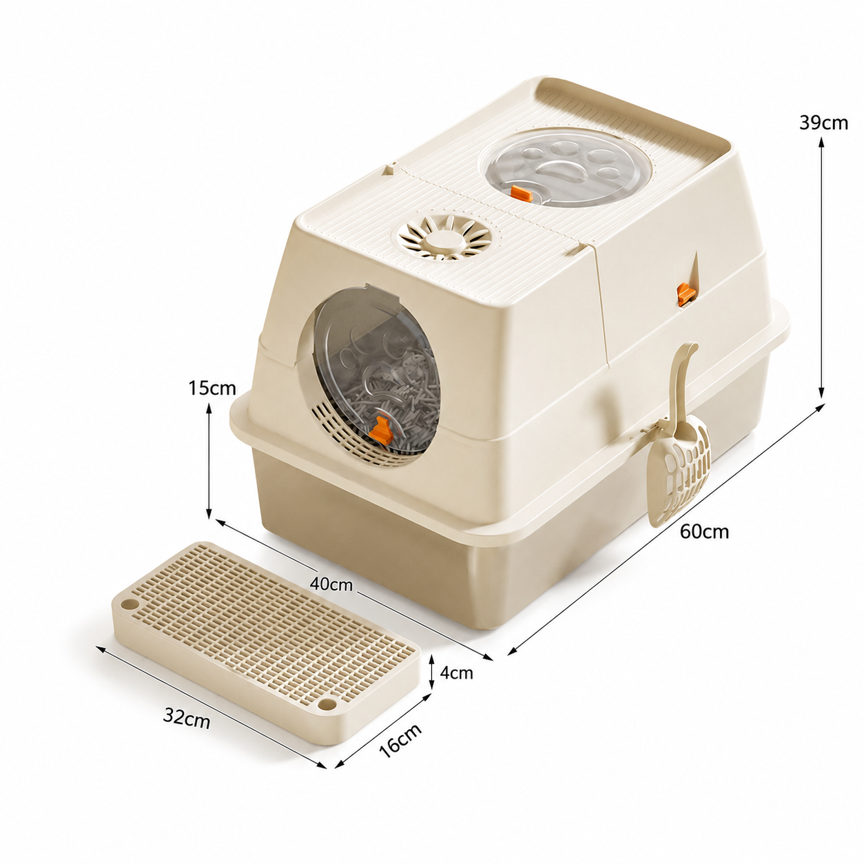 Cream White Large Stainless Steel Cat Litter Box, Foldable Covered Cat Litter Tray with Round Top & Round V1243-MSPT144-CREAMWHITE-M-OO
