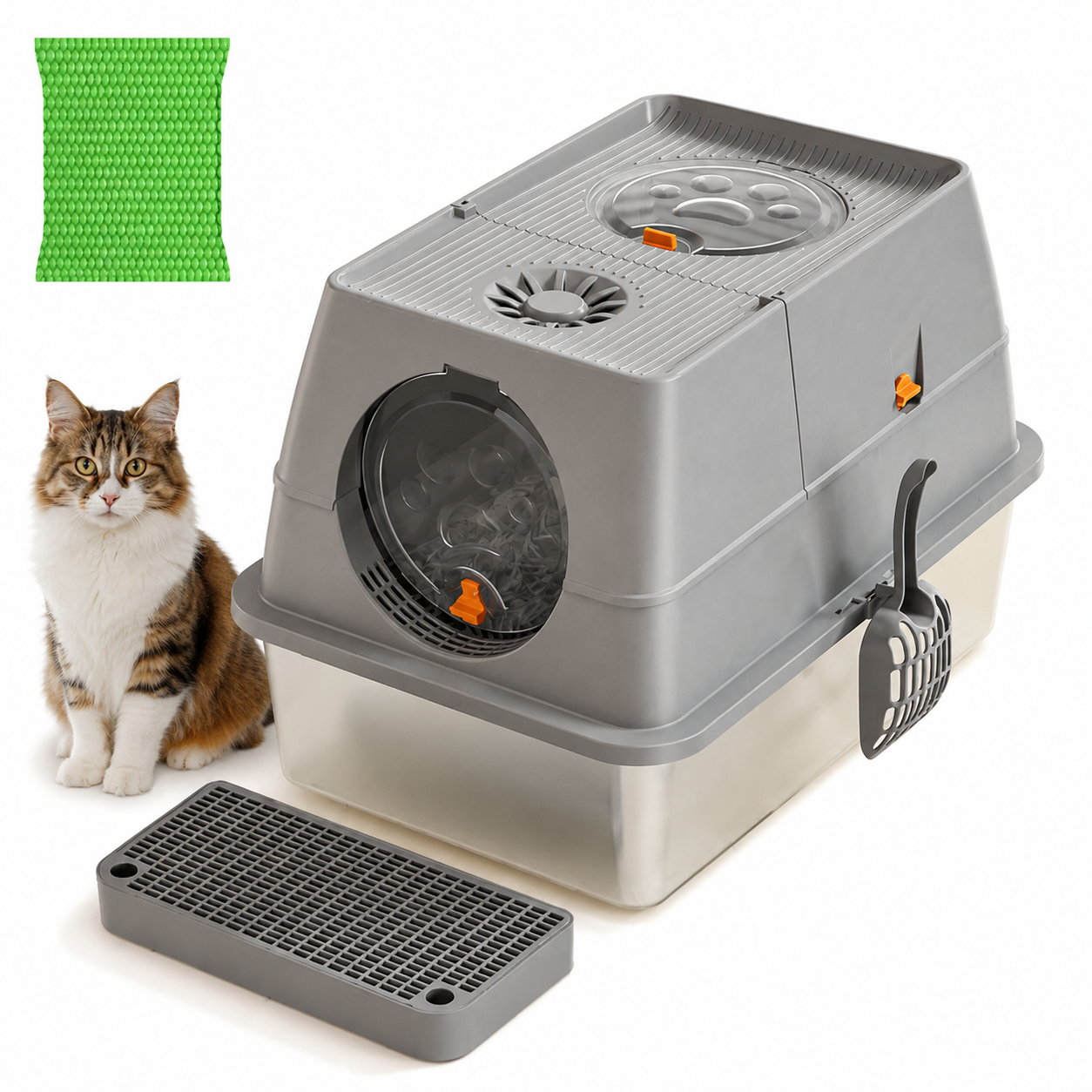 Dark Grey Extra Large Stainless Steel Cat Litter Box, Foldable Covered Cat Litter Tray with Round Top & Round V1243-MSPT144-DARKGARY-L-OO