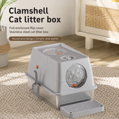 Dark Grey Extra Large Stainless Steel Cat Litter Box, Foldable Covered Cat Litter Tray with Round Top & Round V1243-MSPT144-DARKGARY-L-OO