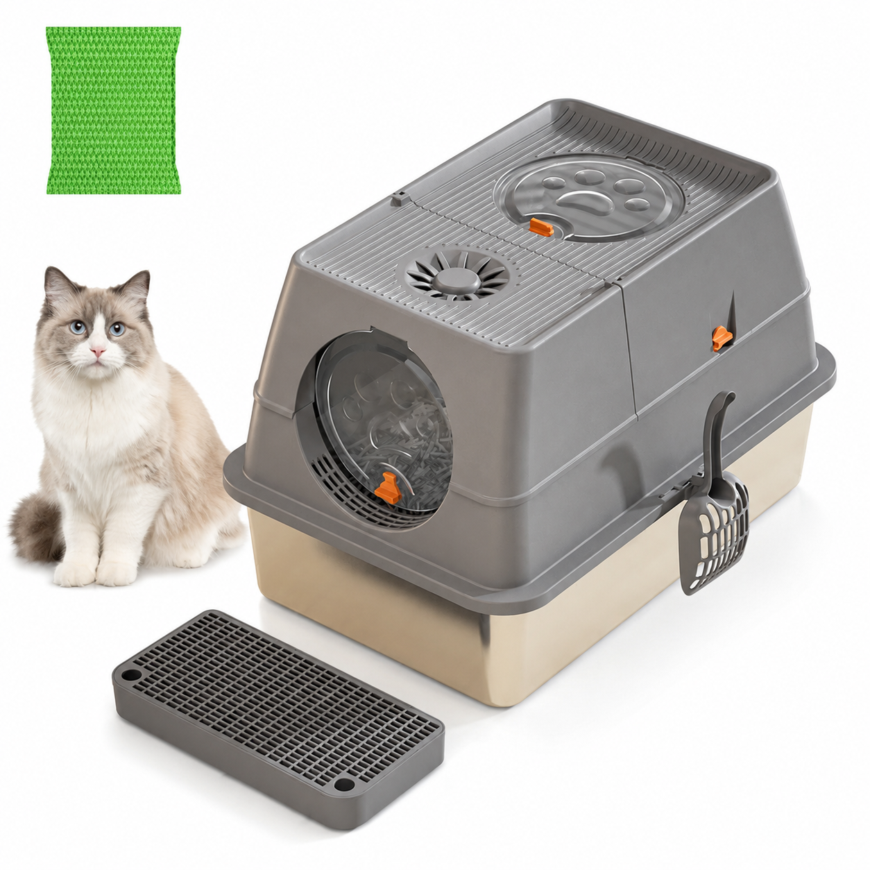 Dark Grey Large Stainless Steel Cat Litter Box, Foldable Covered Cat Litter Tray with Round Top & Round Door, V1243-MSPT144-DARKGARY-M-OO