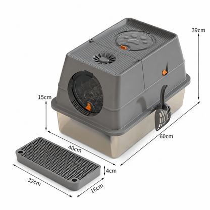Dark Grey Large Stainless Steel Cat Litter Box, Foldable Covered Cat Litter Tray with Round Top & Round Door, V1243-MSPT144-DARKGARY-M-OO