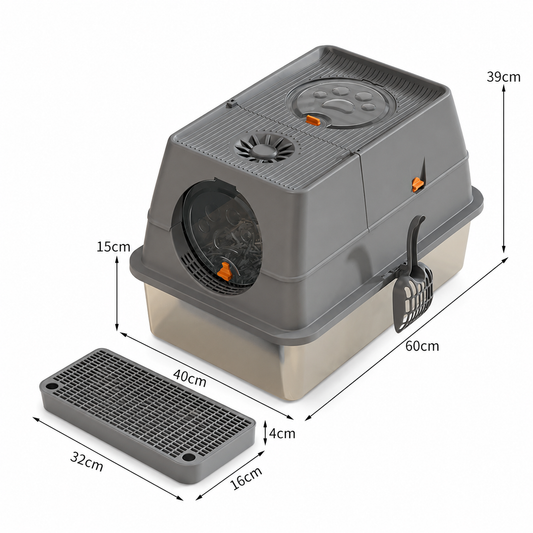 Dark Grey Large Stainless Steel Cat Litter Box, Foldable Covered Cat Litter Tray with Round Top & Round Door, V1243-MSPT144-DARKGARY-M-OO
