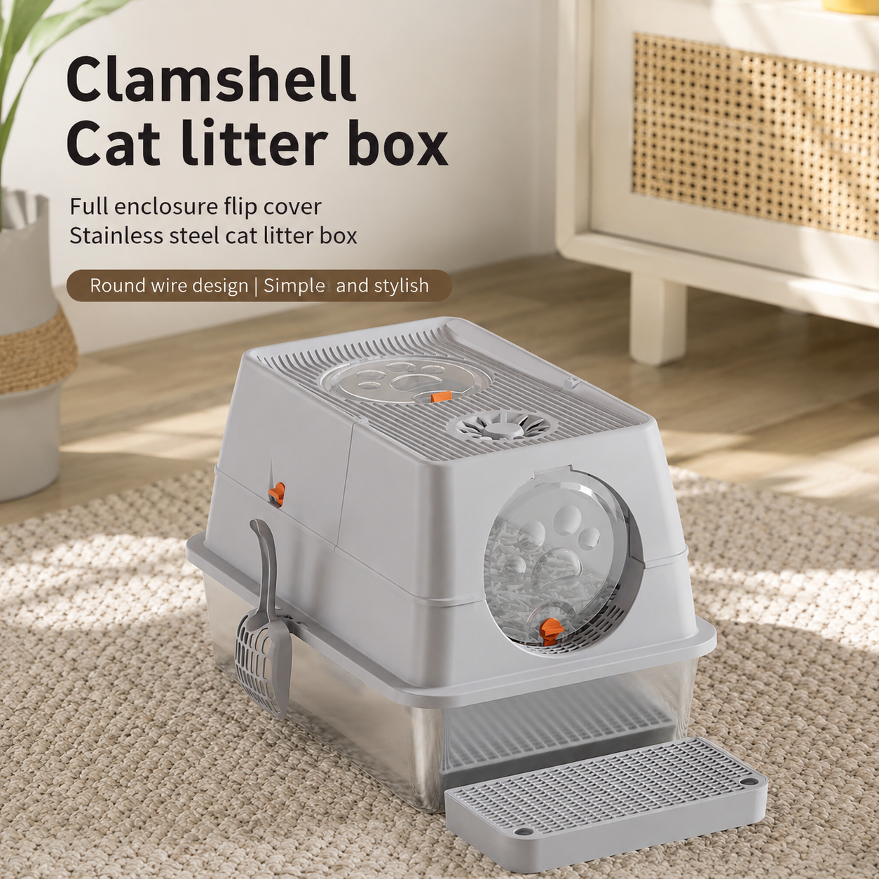 Dark Grey Large Stainless Steel Cat Litter Box, Foldable Covered Cat Litter Tray with Square Top & Square V1243-MSPT144-DRAKGRAY-L-DD