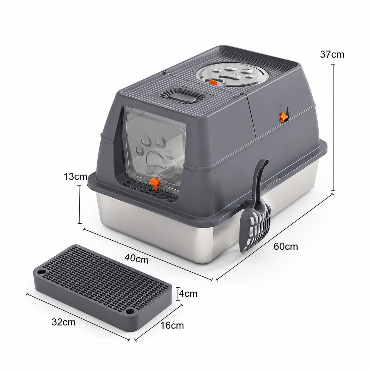 Dark Grey Large Stainless Steel Cat Litter Box, Foldable Covered Cat Litter Tray with Round Top & Square V1243-MSPT144-DRAKGRAY-M-OD