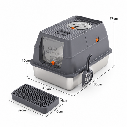 Dark Grey Large Stainless Steel Cat Litter Box, Foldable Covered Cat Litter Tray with Round Top & Square V1243-MSPT144-DRAKGRAY-M-OD