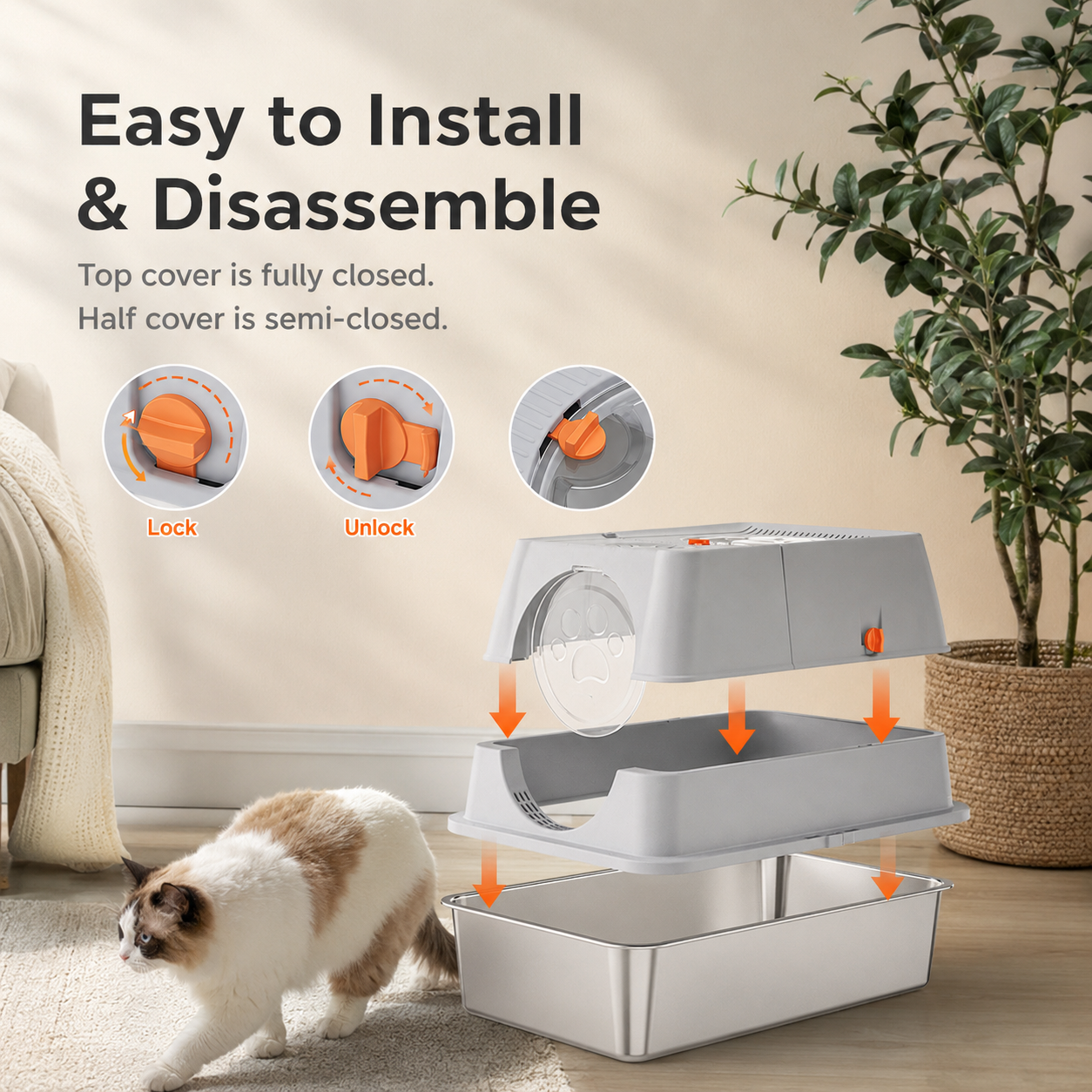 Light Grey Large Stainless Steel Cat Litter Box, Foldable Covered Cat Litter Tray with Square Top & Square V1243-MSPT144-LIGHTGRAY-L-DD