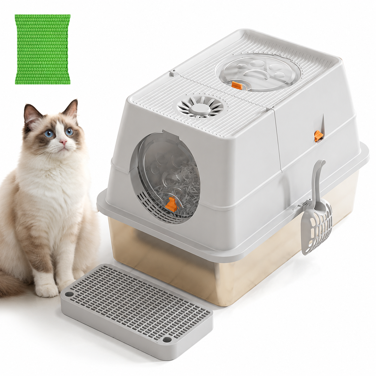 Light Grey Extra Large Stainless Steel Cat Litter Box, Foldable Covered Cat Litter Tray with Round Top & V1243-MSPT144-LIGHTGRAY-L-OO