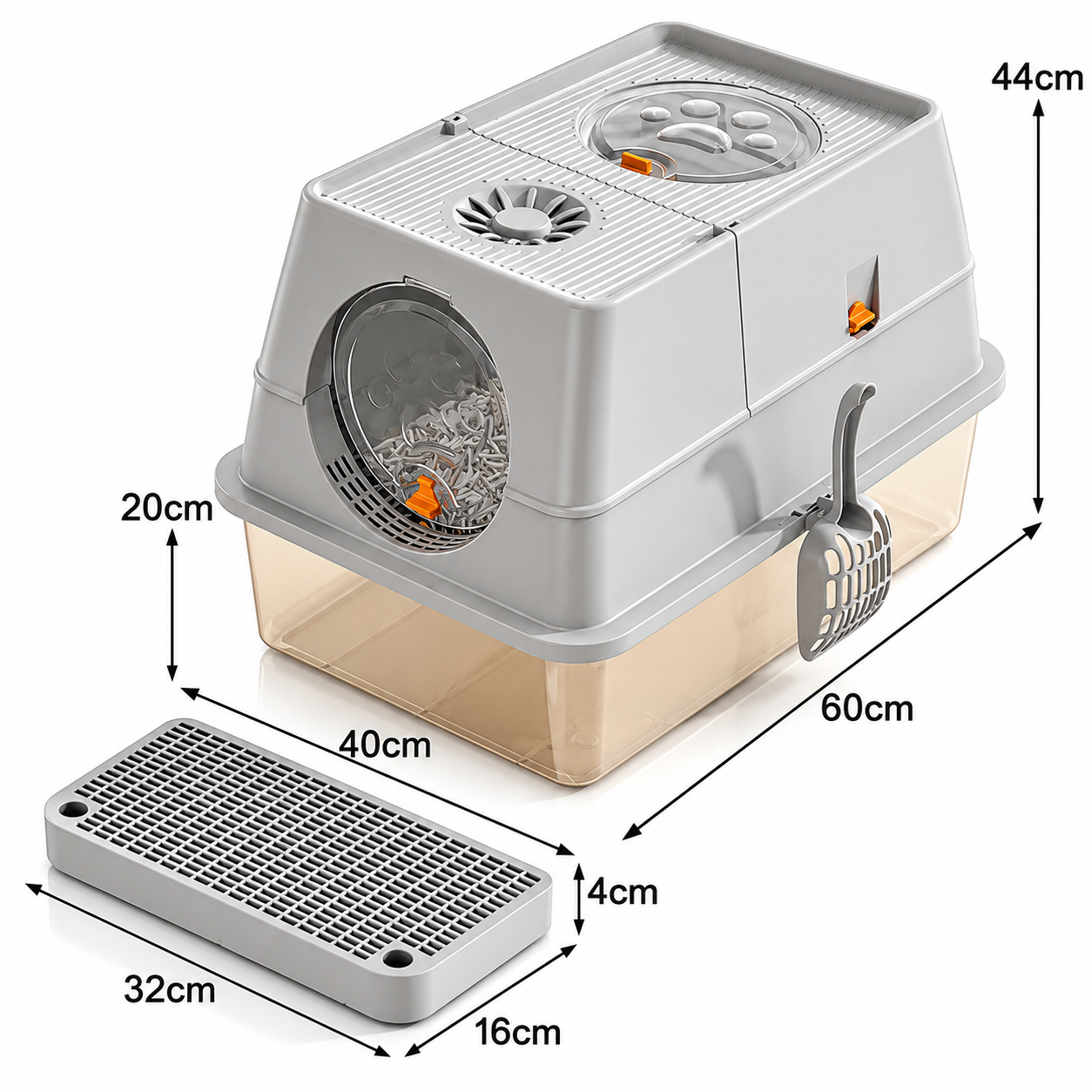 Light Grey Extra Large Stainless Steel Cat Litter Box, Foldable Covered Cat Litter Tray with Round Top & V1243-MSPT144-LIGHTGRAY-L-OO