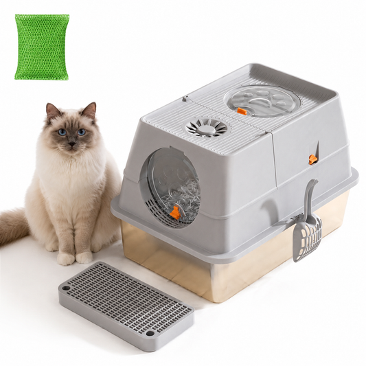 Light Grey Large Stainless Steel Cat Litter Box, Foldable Covered Cat Litter Tray with Round Top & Round V1243-MSPT144-LIGHTGRAY-M-OO