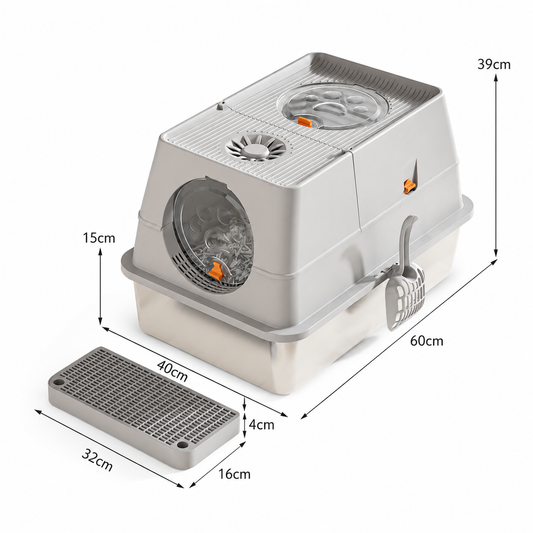 Light Grey Large Stainless Steel Cat Litter Box, Foldable Covered Cat Litter Tray with Round Top & Round V1243-MSPT144-LIGHTGRAY-M-OO