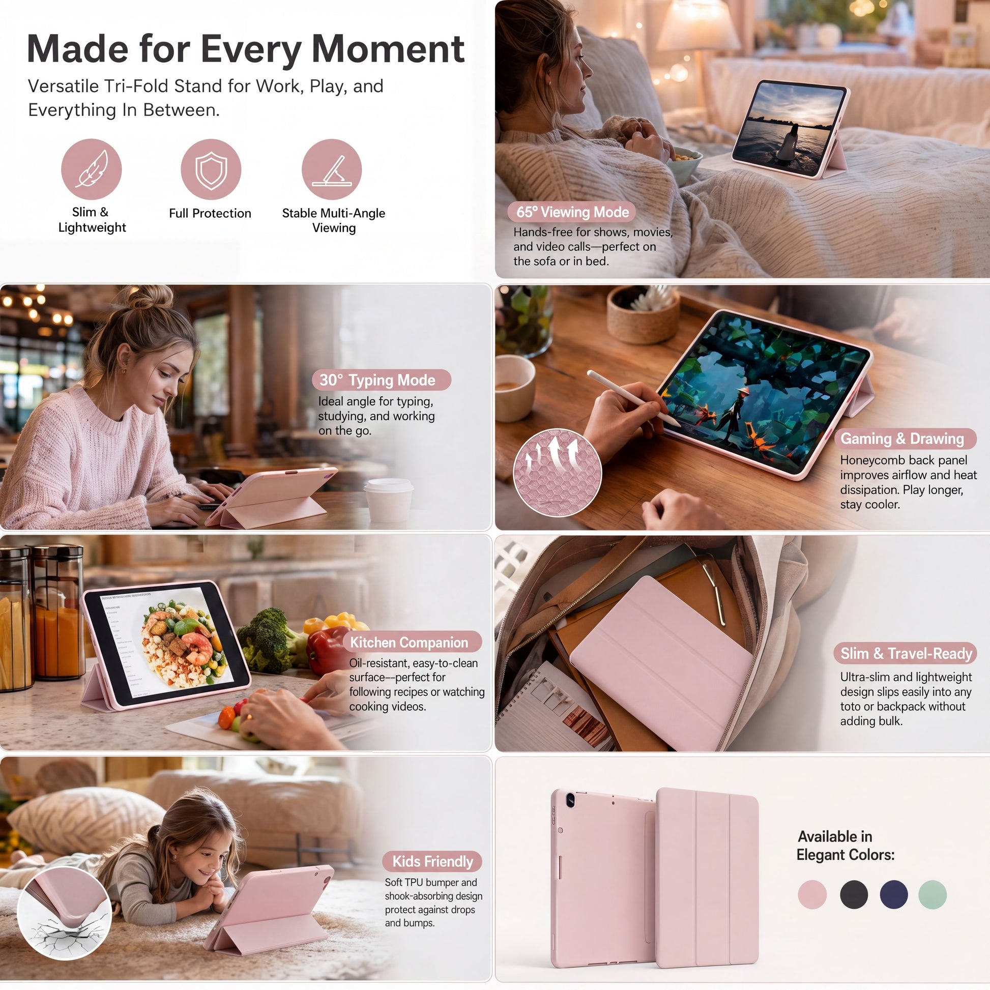SENYOSON Pink Trifold Stand Case Slim Lightweight Soft TPU Case for iPad 11th Generation (A16) 11 Inch 2025, V1243-TRIFOLD-IPADCASE10TH-PINK