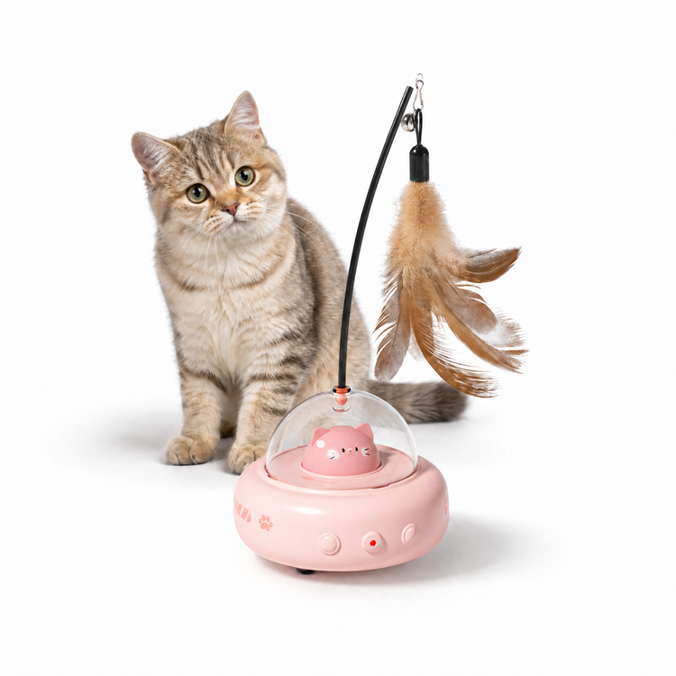 Pink Smart Cat Teaser Toy Rechargeable Interactive Cat Toy with Red Dot Light, Feather Wand, Obstacle V1243-WJ01