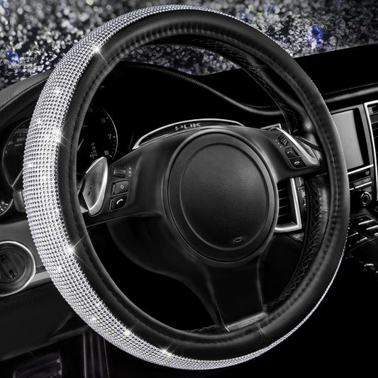 Bling Diamond Leather Steering Wheel Cover, with Bling Sparkly Crystal Glitter Rhinestones Universal Fit V1250-B07NRYMR5H
