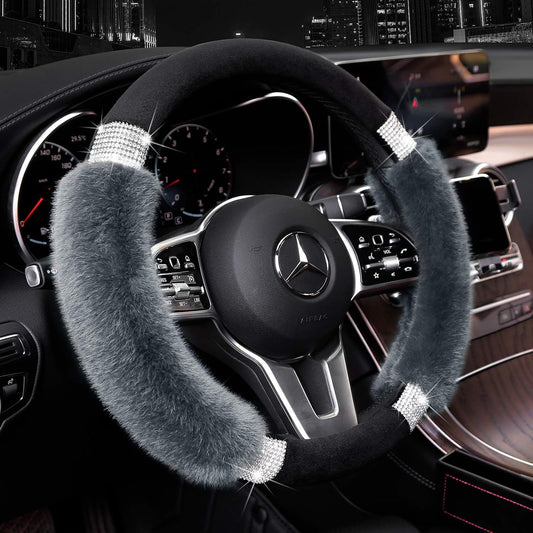 Rhinestone Fluffy Steering Wheel Cover - Comfortable Non-Slip Luxury Faux Wool, Universal Fit for 14.5" to V1250-B07XXVT4Y1