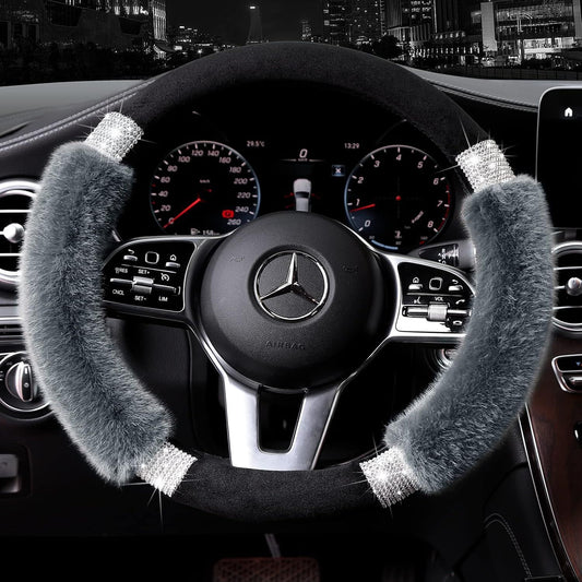 Rhinestone Fluffy Steering Wheel Cover - Comfortable Non-Slip Luxury Faux Wool, Universal Fit for 14.5" to V1250-B07XXVT4Y1