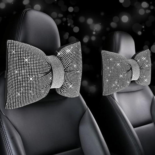 2 PCS Bling Car Pillows, Rhinestones Bowknot Bling Car Headrest Pillow, Car Neck Pillow for Driver Cool Relax V1250-B094D551QG