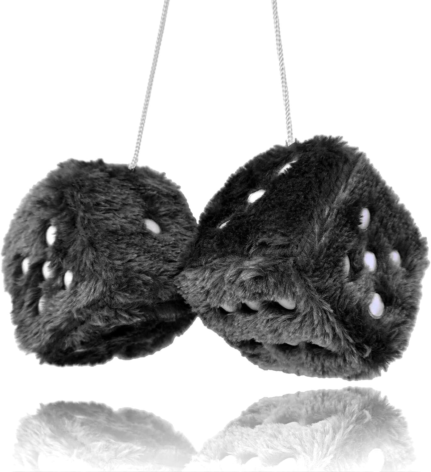 Pair 3" Black with White Dots Mirror Fuzzy Plush Dice, Black and White Soft Plush Car Decorative Hanging V1250-B09ZTMFCKP