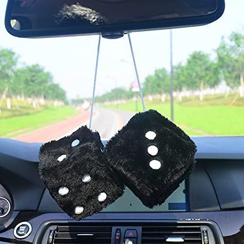 Pair 3" Black with White Dots Mirror Fuzzy Plush Dice, Black and White Soft Plush Car Decorative Hanging V1250-B09ZTMFCKP