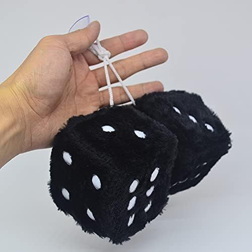 Pair 3" Black with White Dots Mirror Fuzzy Plush Dice, Black and White Soft Plush Car Decorative Hanging V1250-B09ZTMFCKP