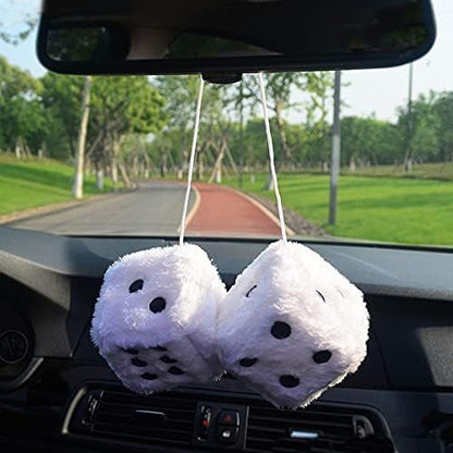 Pair 3" Black with White Dots Mirror Fuzzy Plush Dice, Black and White Soft Plush Car Decorative Hanging V1250-B09ZTMFCKP