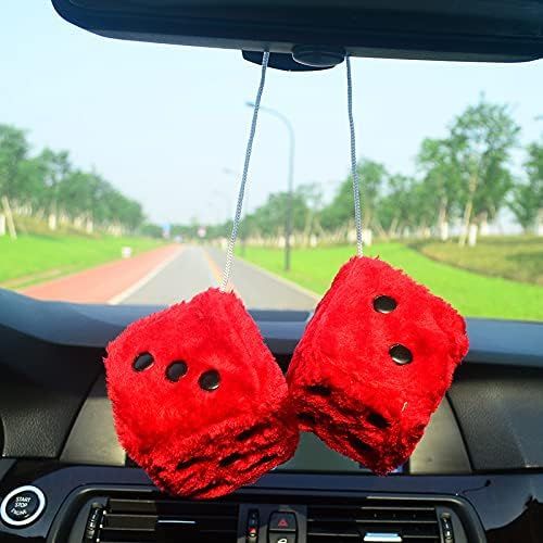 Pair 3" Black with White Dots Mirror Fuzzy Plush Dice, Black and White Soft Plush Car Decorative Hanging V1250-B09ZTMFCKP