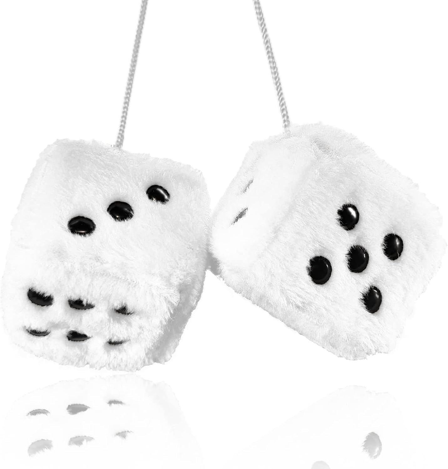 Pair 3" White with Black Dots Mirror Fuzzy Plush Dice, White and Black Soft Plush Car Decorative Hanging V1250-B0B1QK5TS3