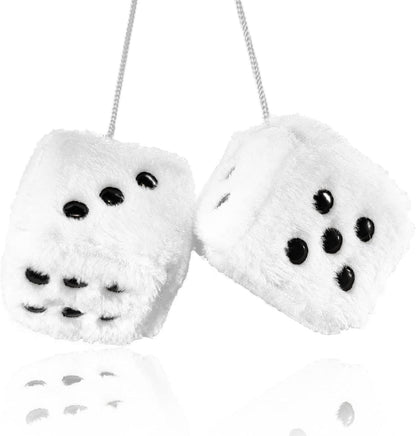 Pair 3" White with Black Dots Mirror Fuzzy Plush Dice, White and Black Soft Plush Car Decorative Hanging V1250-B0B1QK5TS3