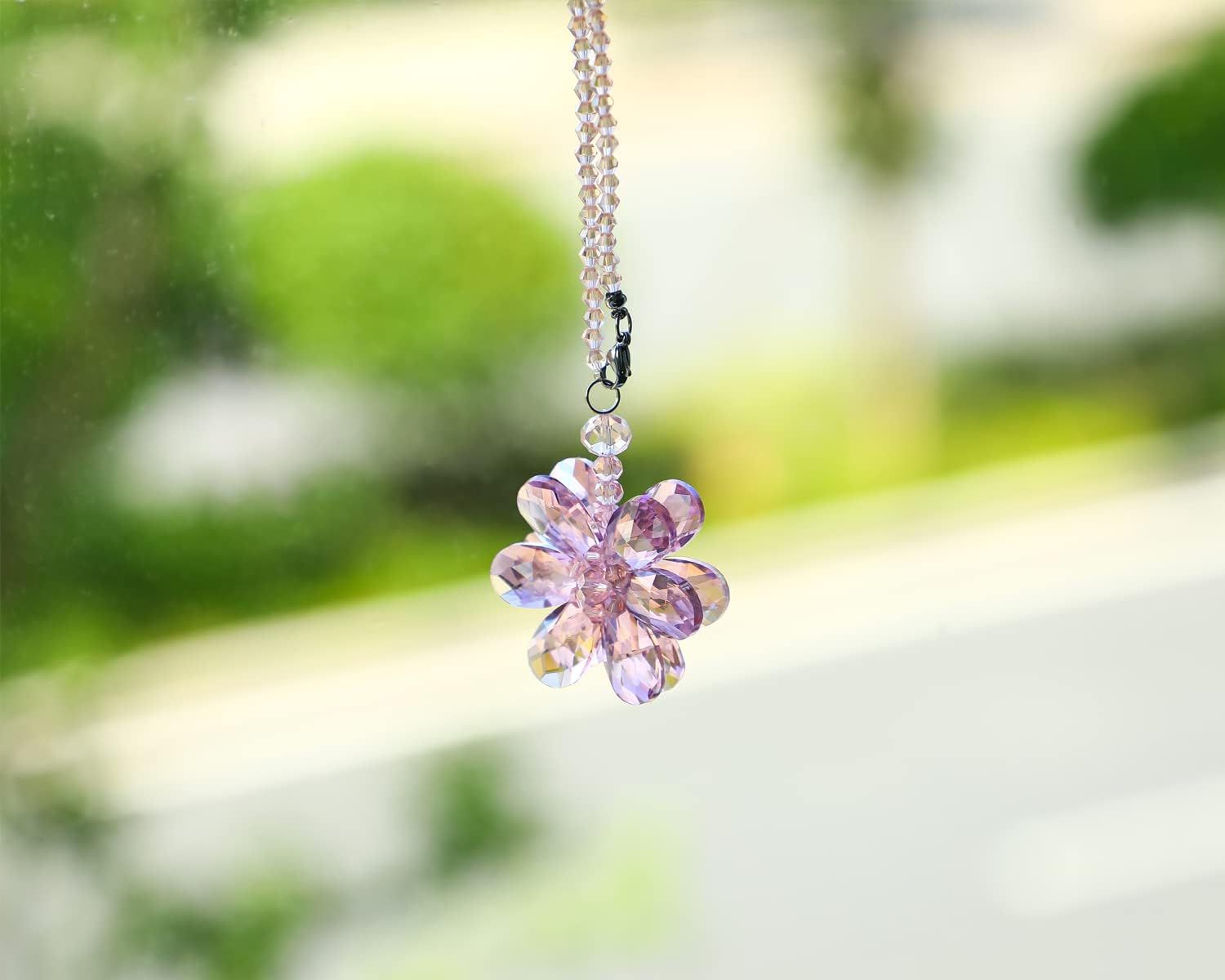 Crystal Flower Car Rear View Mirror Pendant - Pink Crystal Beads Charm Decor for Women Interior V1250-B0B69Z9MDB