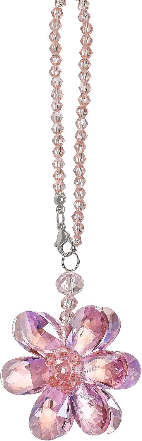 Crystal Flower Car Rear View Mirror Pendant - Pink Crystal Beads Charm Decor for Women Interior V1250-B0B69Z9MDB