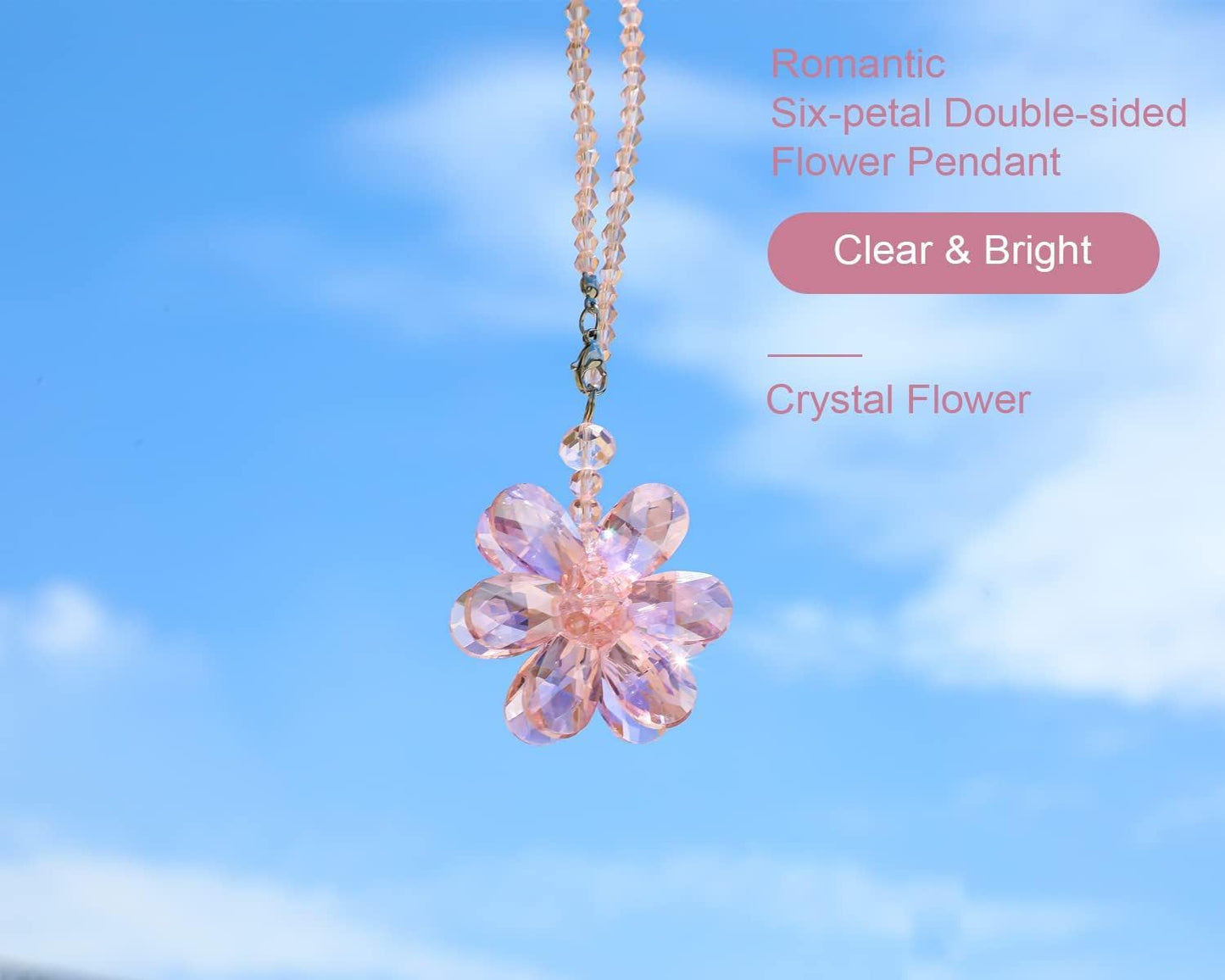 Crystal Flower Car Rear View Mirror Pendant - Pink Crystal Beads Charm Decor for Women Interior V1250-B0B69Z9MDB