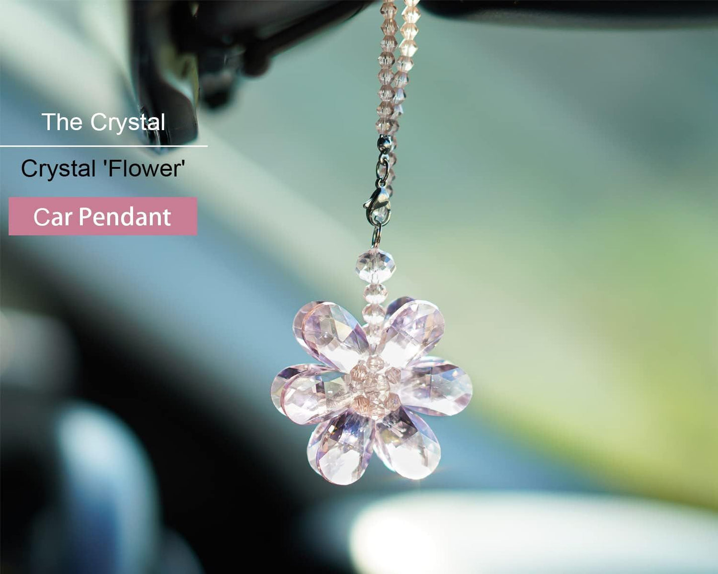 Crystal Flower Car Rear View Mirror Pendant - Pink Crystal Beads Charm Decor for Women Interior V1250-B0B69Z9MDB