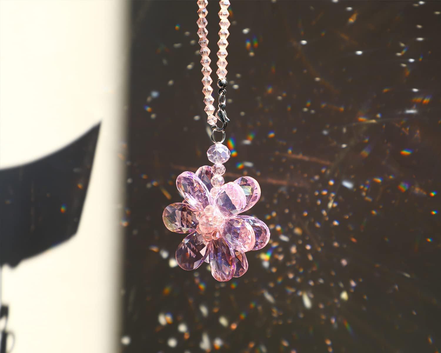 Crystal Flower Car Rear View Mirror Pendant - Pink Crystal Beads Charm Decor for Women Interior V1250-B0B69Z9MDB