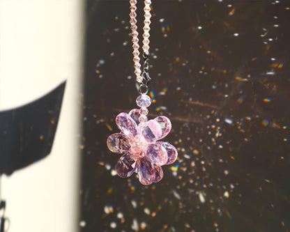 Crystal Flower Car Rear View Mirror Pendant - Pink Crystal Beads Charm Decor for Women Interior V1250-B0B69Z9MDB