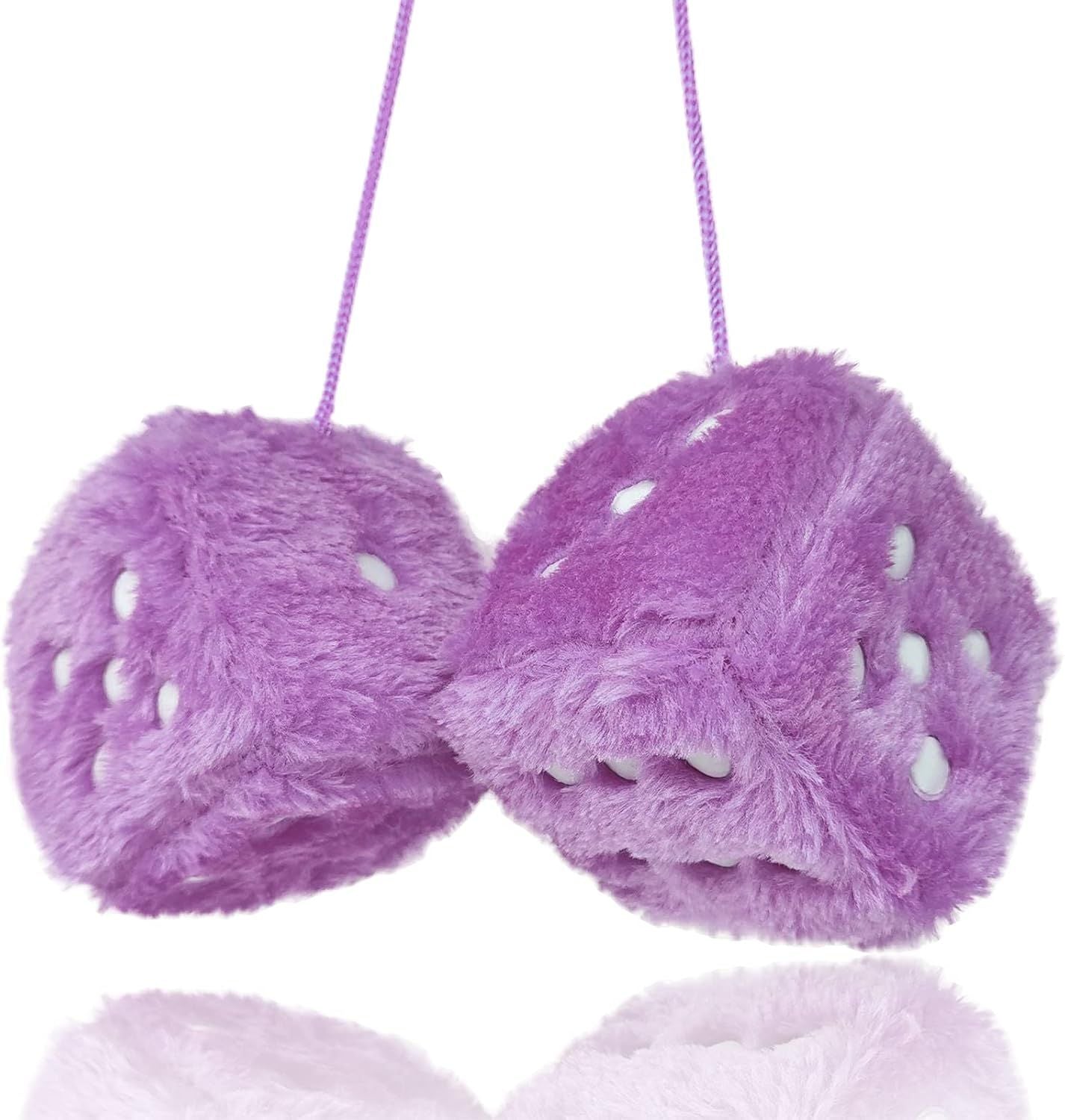 Pair 3" Purple with White Dots Mirror Fuzzy Plush Dice, Purple and White Soft Plush Car Decorative Hanging V1250-B0CB196SLB