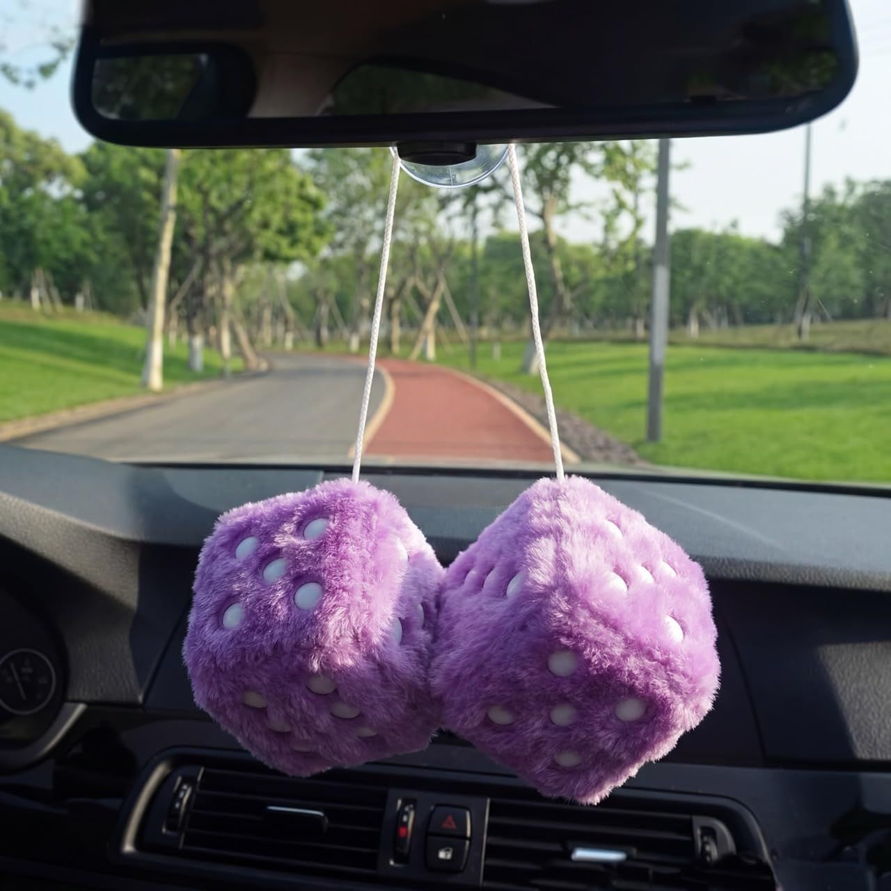 Pair 3" Purple with White Dots Mirror Fuzzy Plush Dice, Purple and White Soft Plush Car Decorative Hanging V1250-B0CB196SLB